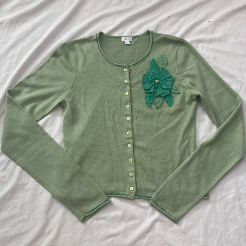 Vintage Y2K Aqua Silk Cashmere Blend Floral Cardigan Size Large Green
